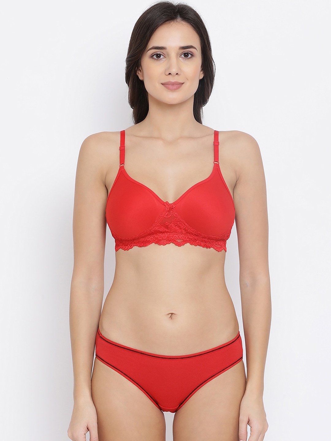 

Clovia Women Red Solid Spacer Cup T-shirt Bra & Hipster Lingerie Set COMBBP89332B