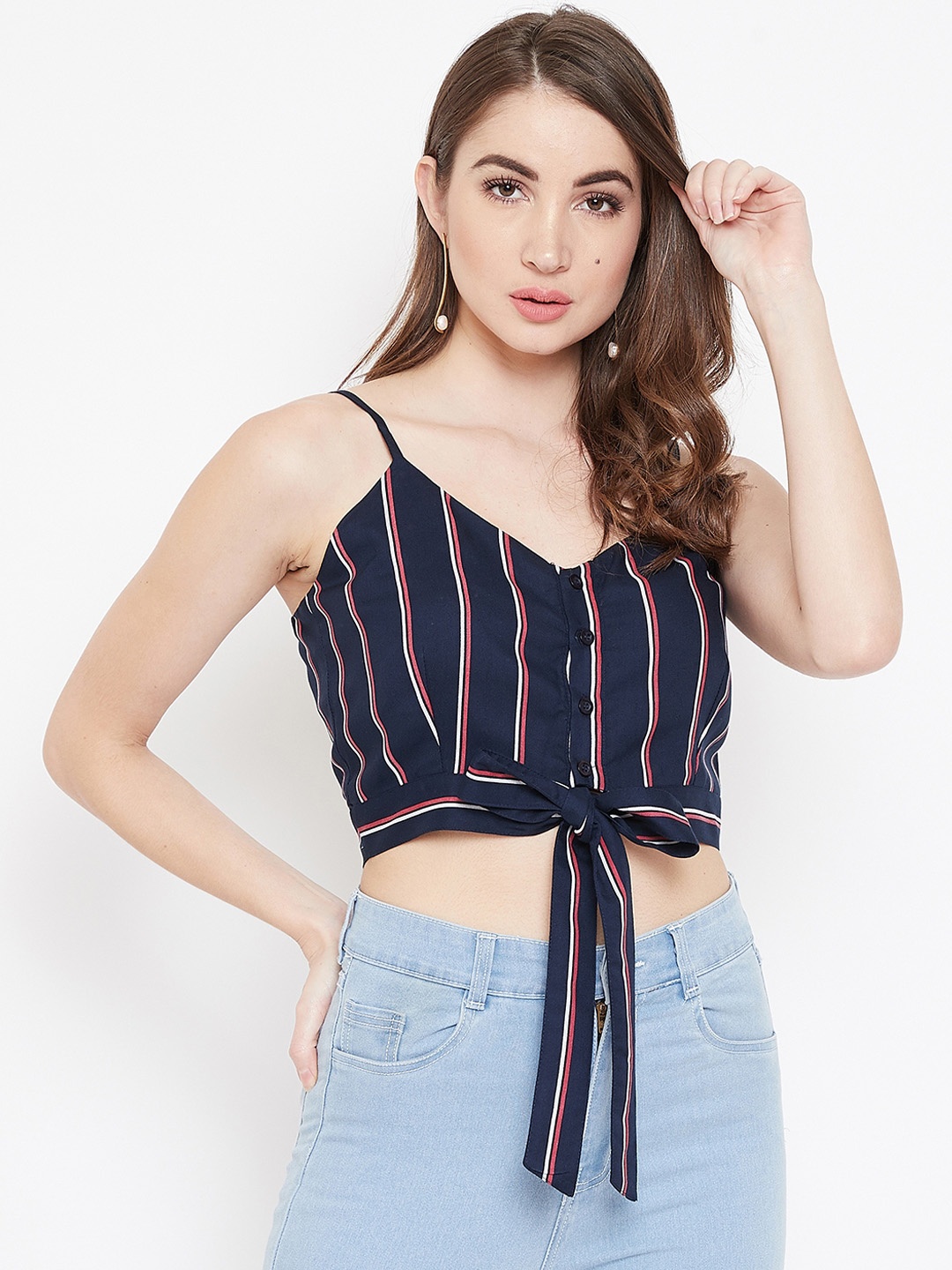 

Berrylush Women Navy Blue Candy Striped Crop Top