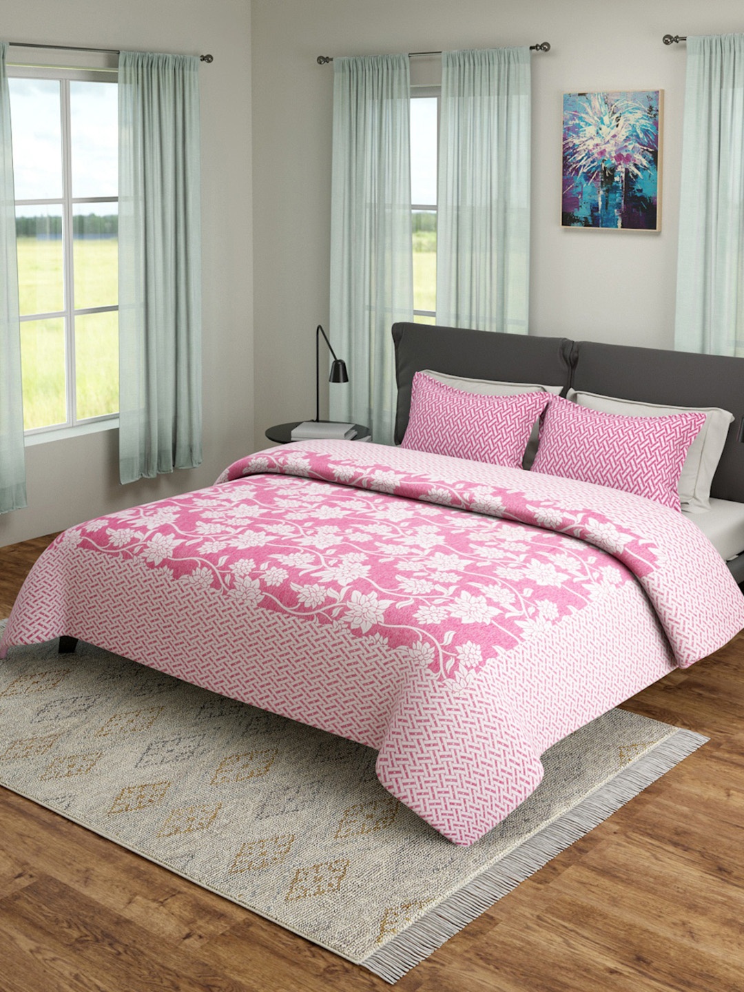 ROMEE Pink & White Queen Sized Printed 180TC Bed Cover With 2 Pillow Cases