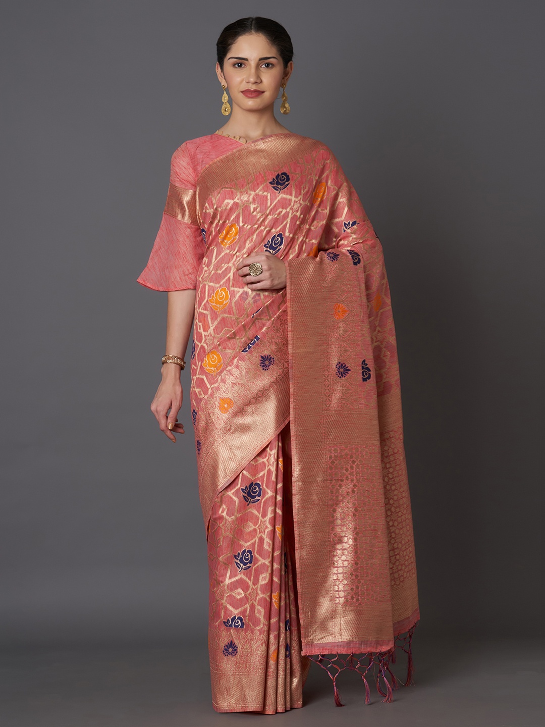 

Mitera Peach-Coloured & Gold-Toned Silk Blend Woven Design Kanjeevaram Saree