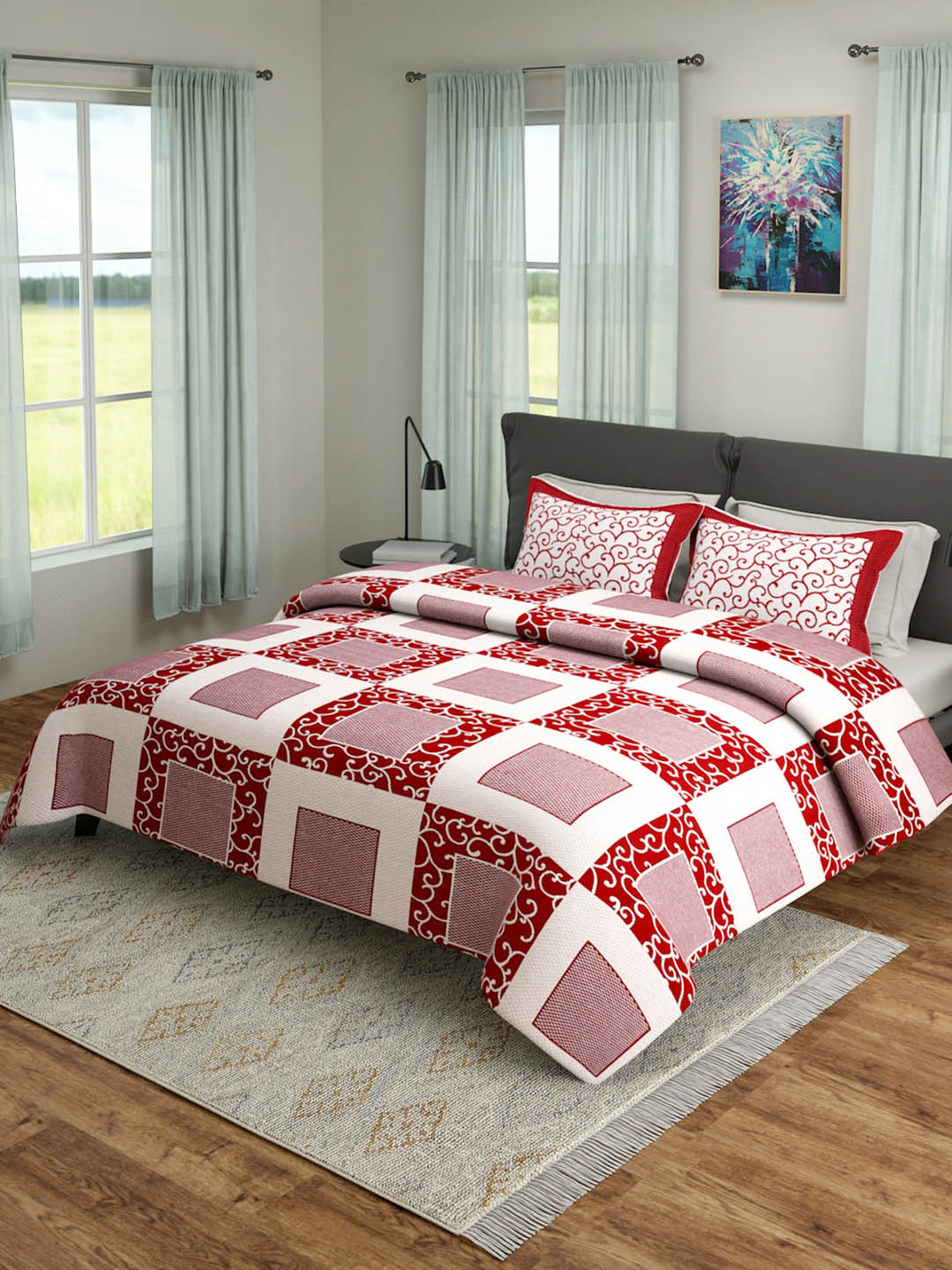 

ROMEE Red & Off-White Queen Sized Printed 180TC Bed Cover With 2 Pillow Cases