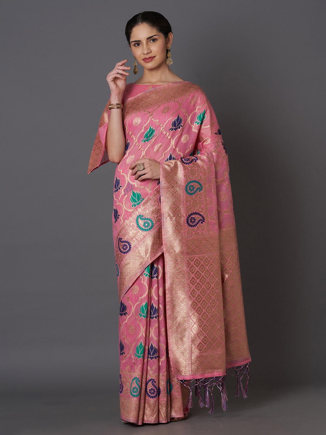

Mitera Pink & Gold-Toned Silk Blend Woven Design Kanjeevaram Saree