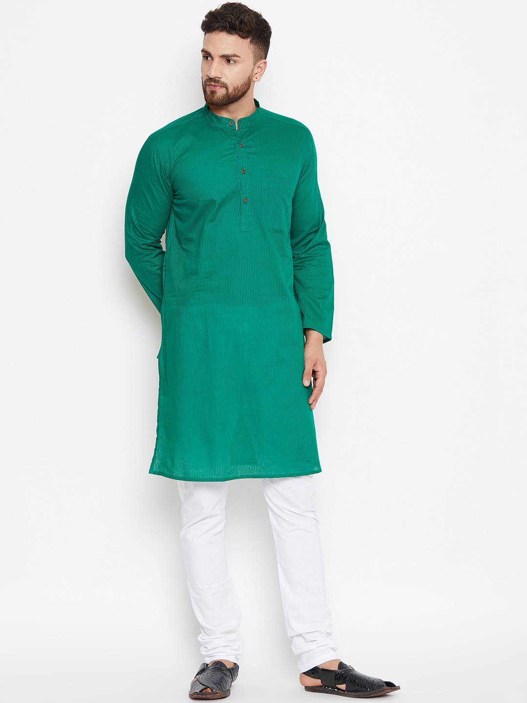 

even Men Green Striped Straight Dobby Kurta