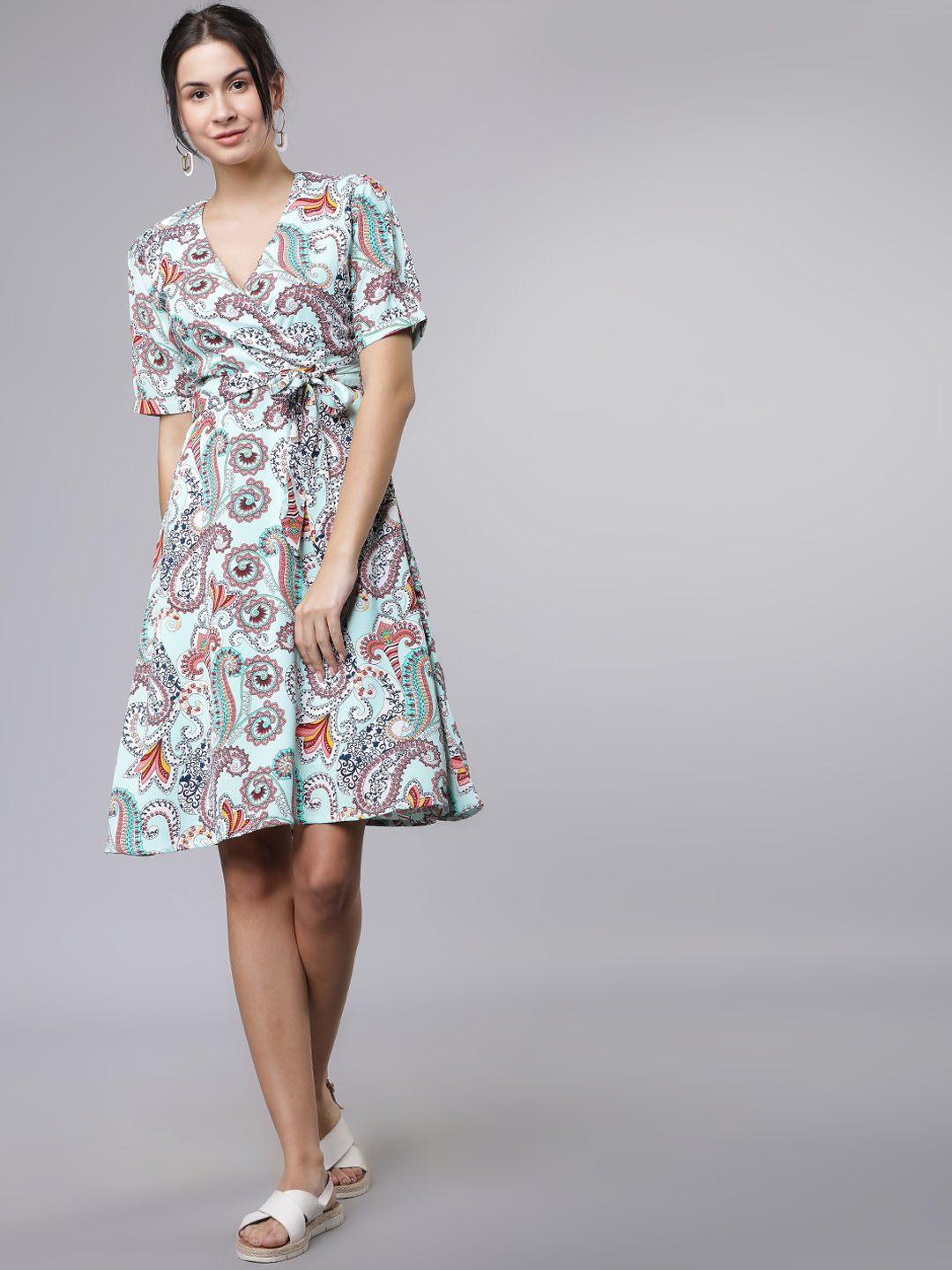 

Tokyo Talkies Women Green & Maroon Printed Wrap Dress