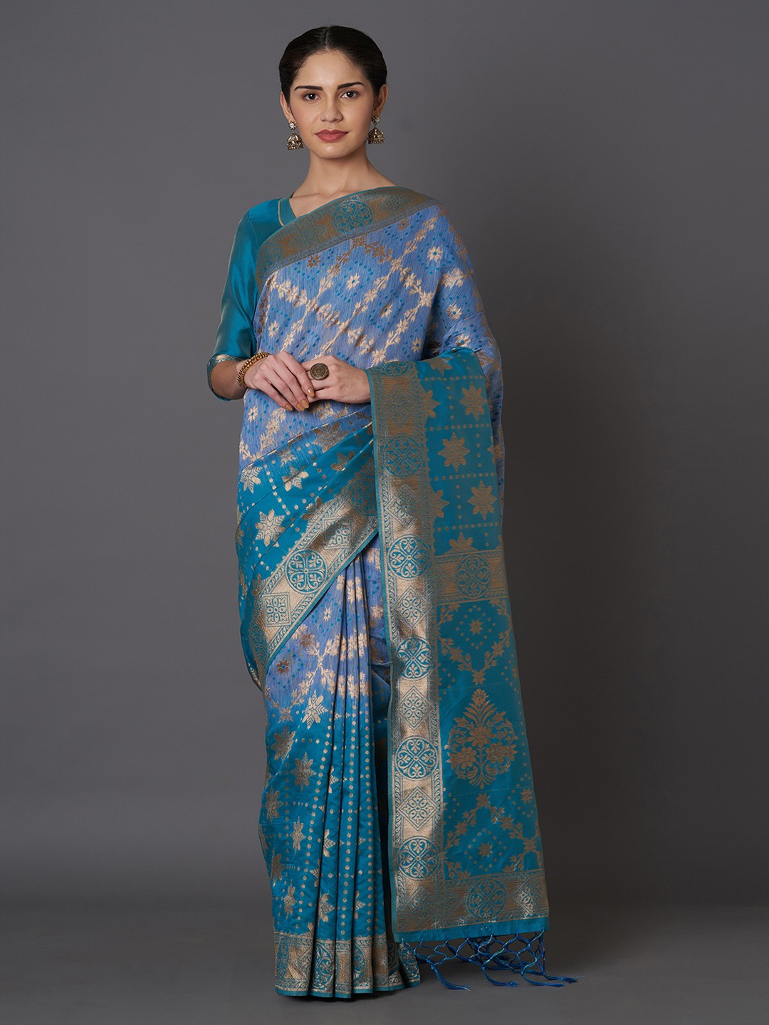 

Mitera Blue & Gold-Toned Silk Blend Woven Design Kanjeevaram Saree