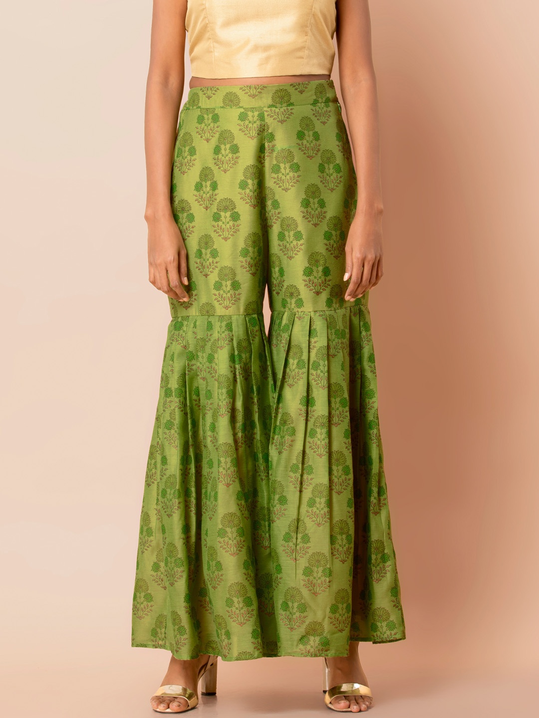 

INDYA Women Green Printed Flared Chanderi Sharara Pants