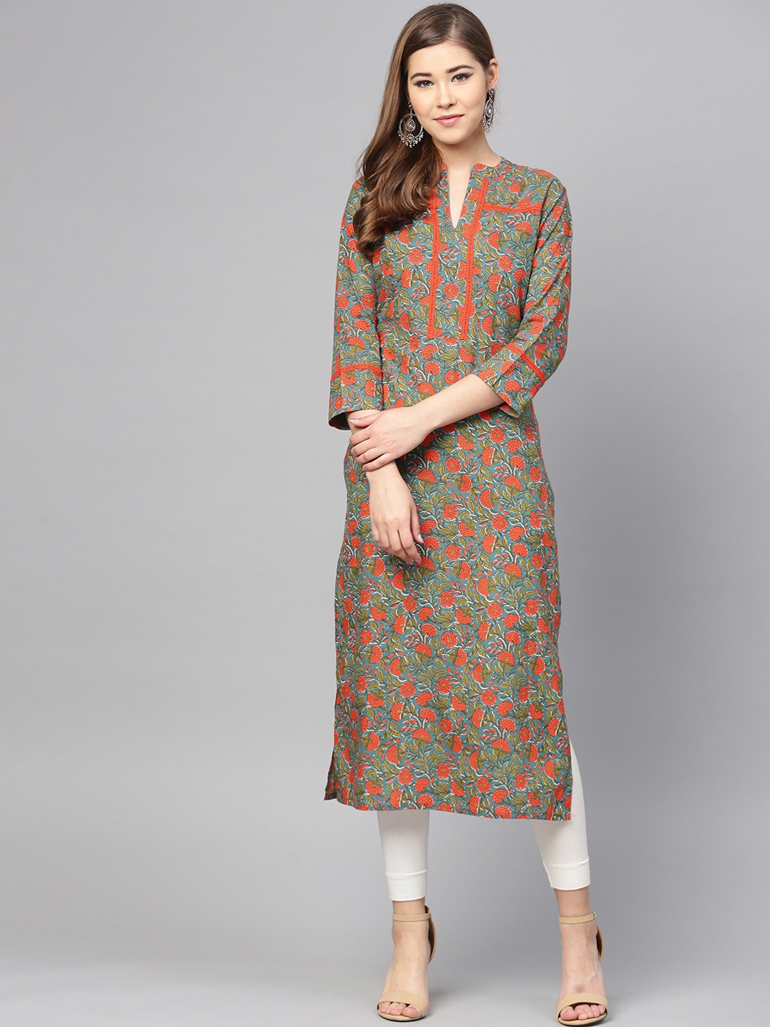 

Varanga Women Green & Orange Printed A-Line Kurta