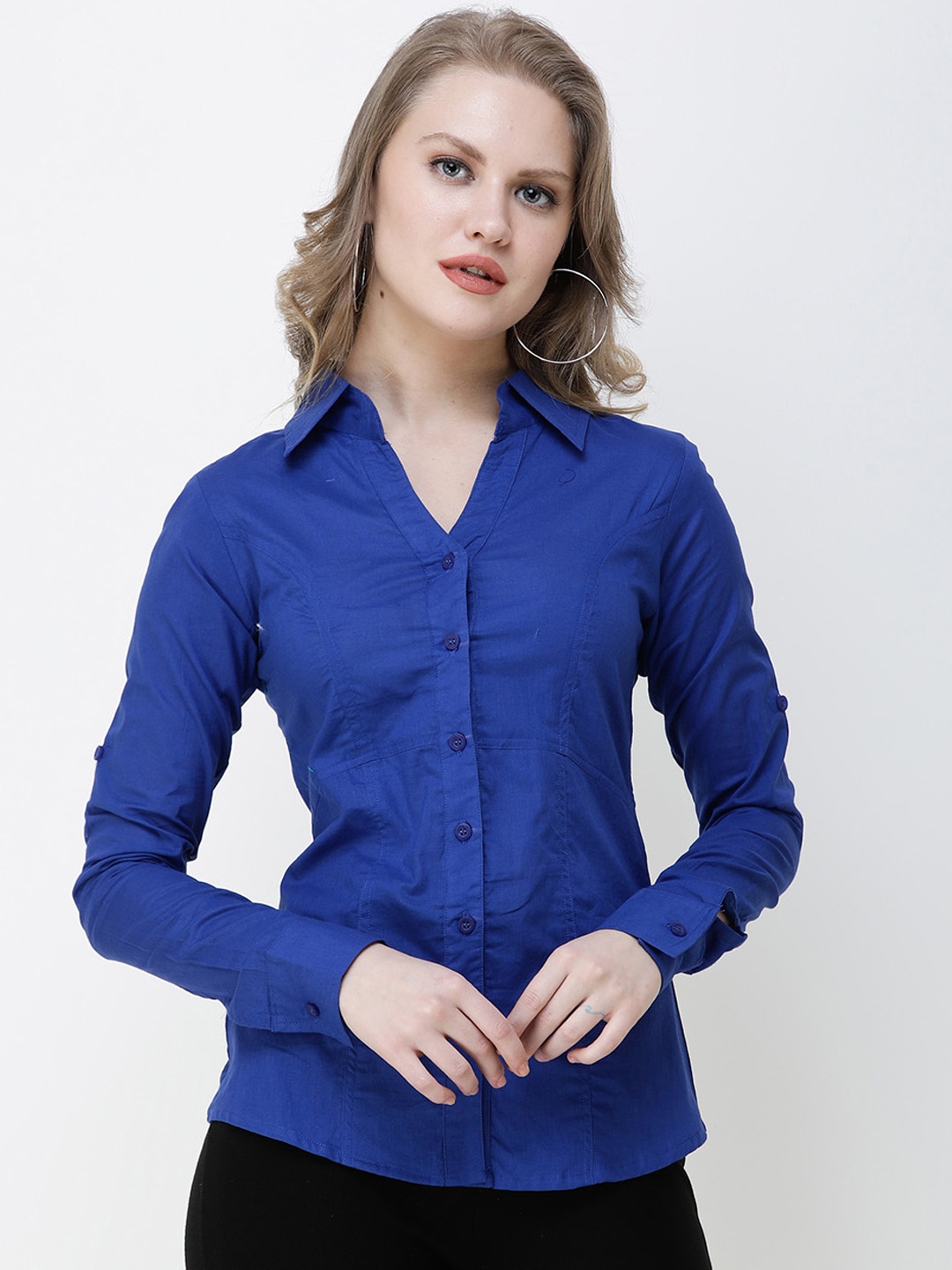 

SCORPIUS Women Blue Solid Slim Fit Formal Shirt