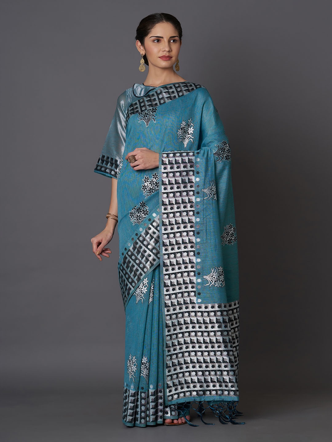 Mitera Turquoise Blue & Grey Silk Blend Woven Design Kanjeevaram Saree