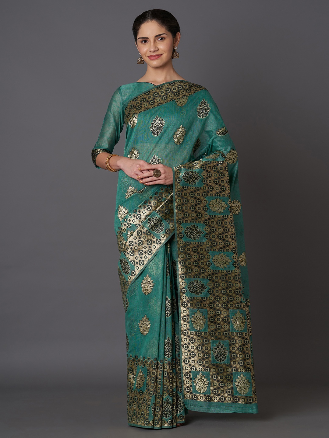 

Mitera Teal Green & Gold-Toned Silk Blend Woven Design Kanjeevaram Saree