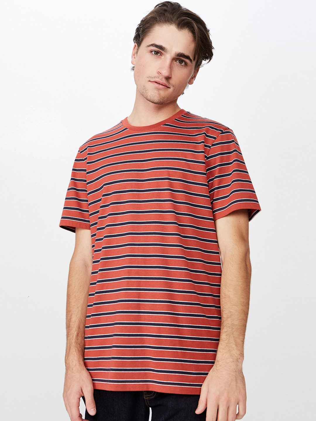 

COTTON ON Men Red Striped Round Neck T-shirt