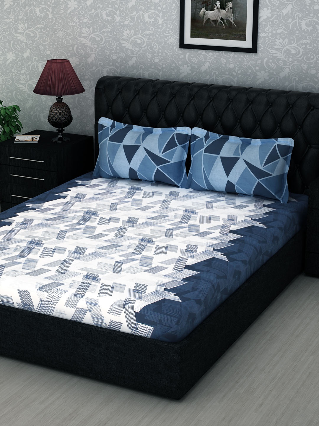 

Story@home Blue White Abstract 186TC Cotton 1 Double Bedsheet with 2 Pillow Covers