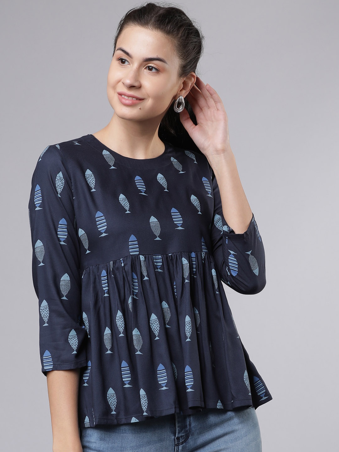 

Vishudh Women Navy Blue Printed A-Line Top