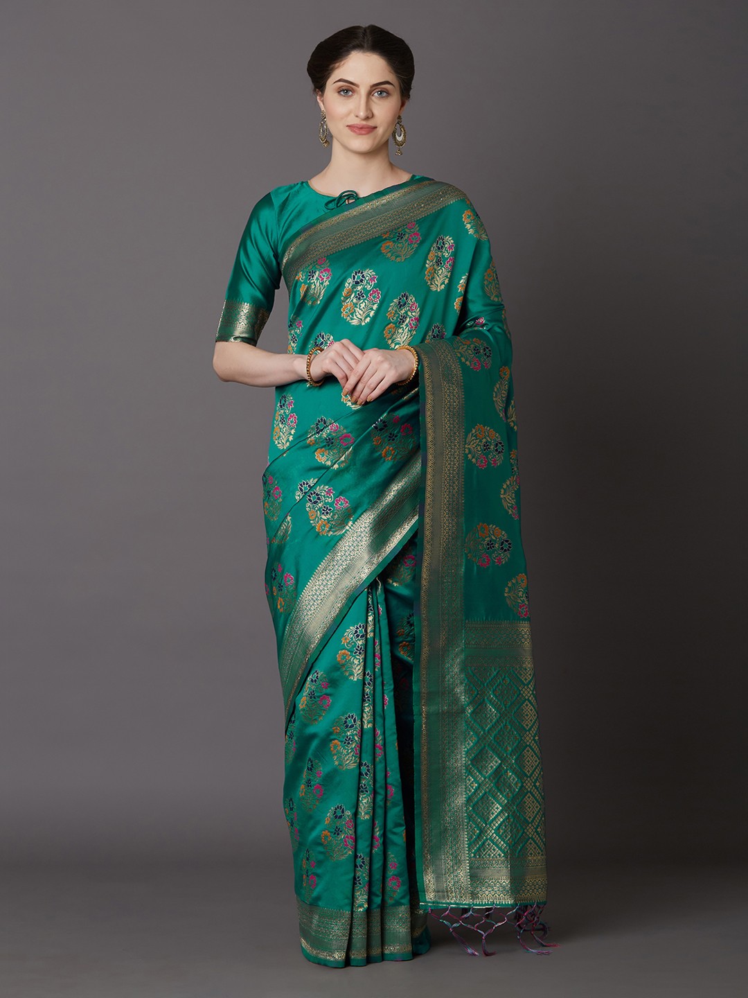 

Mitera Teal Green & Gold-Coloured Silk Blend Woven Design Kanjeevaram Saree
