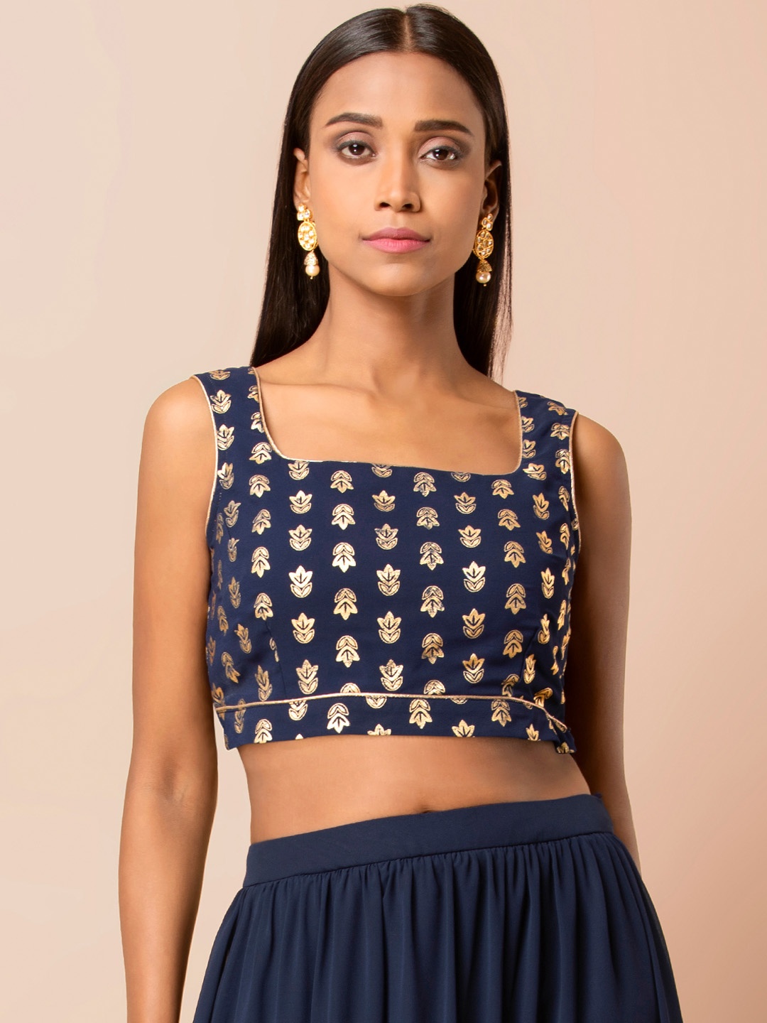 

INDYA Women Blue Foil Printed Crop Top