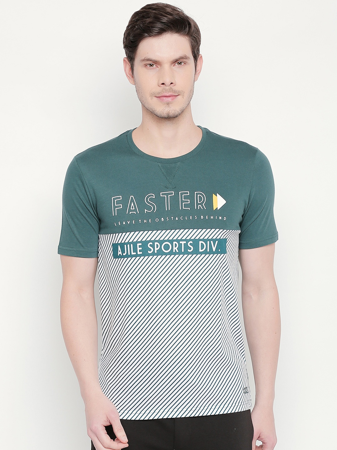 

Ajile by Pantaloons Men Teal Green White Striped Round Neck Pure Cotton T-shirt