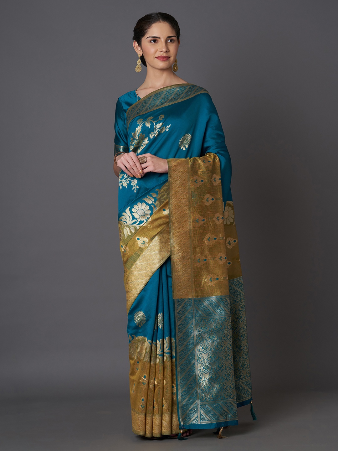 

Mitera Teal Blue & Gold-Coloured Silk Blend Woven Design Kanjeevaram Saree