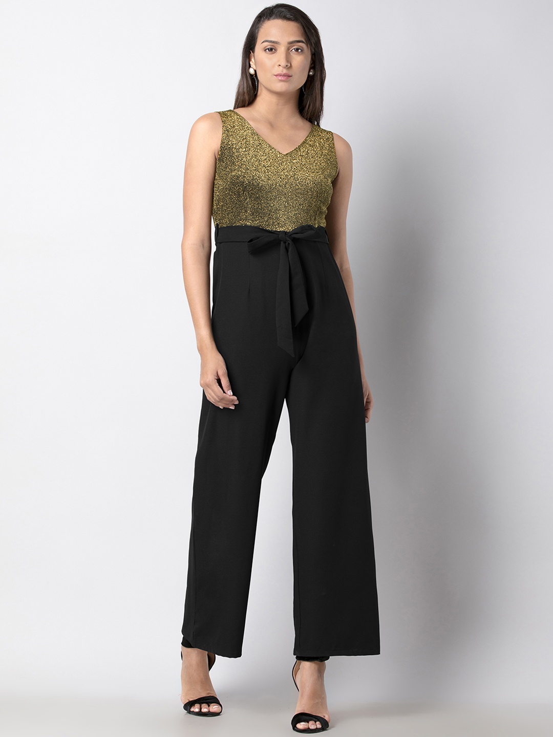 

FabAlley Women Gold-Coloured & Black Shimmer Basic Jumpsuit