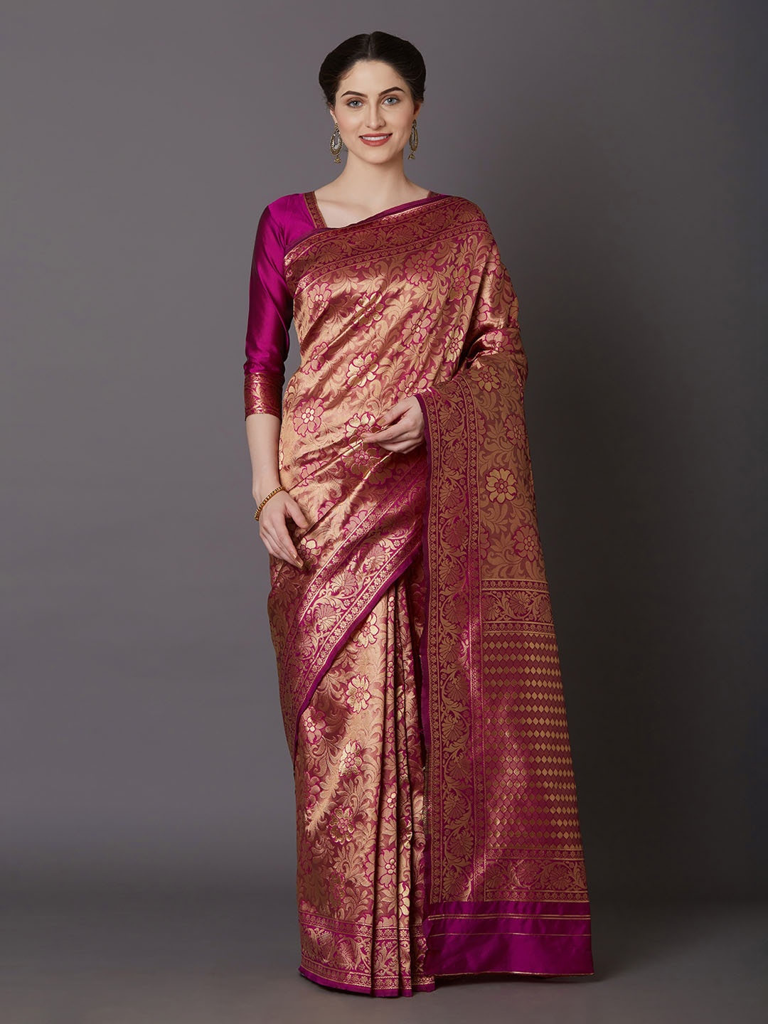 Mitera Magenta & Gold-Toned Silk Blend Woven Design Kanjeevaram Saree