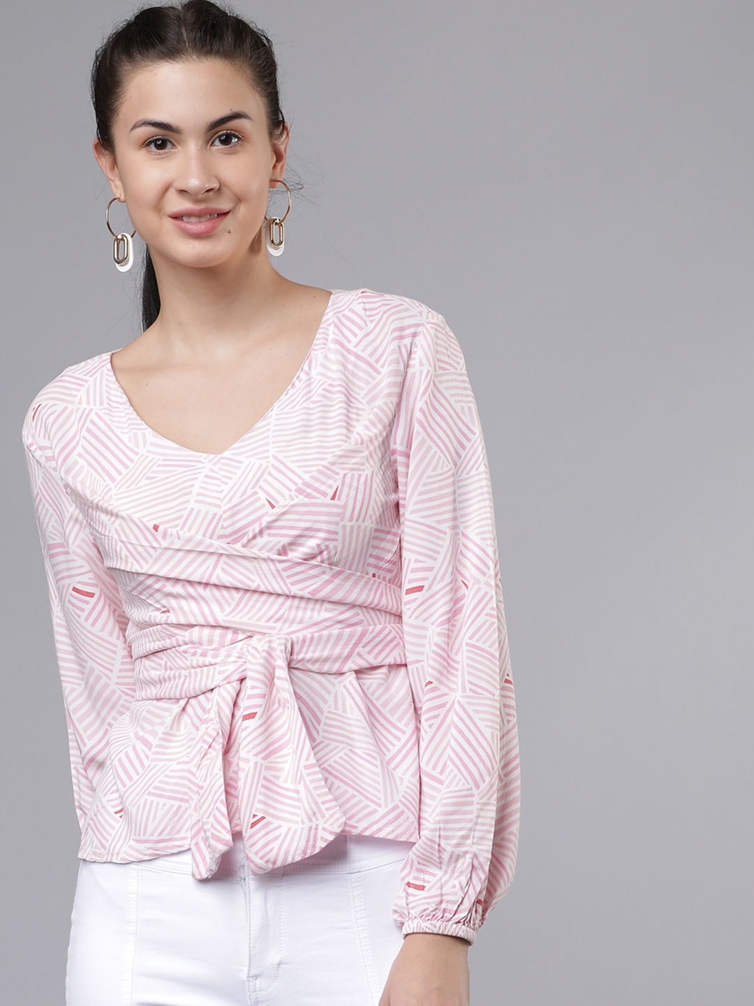 

Tokyo Talkies Women Pink Striped Wrap Top