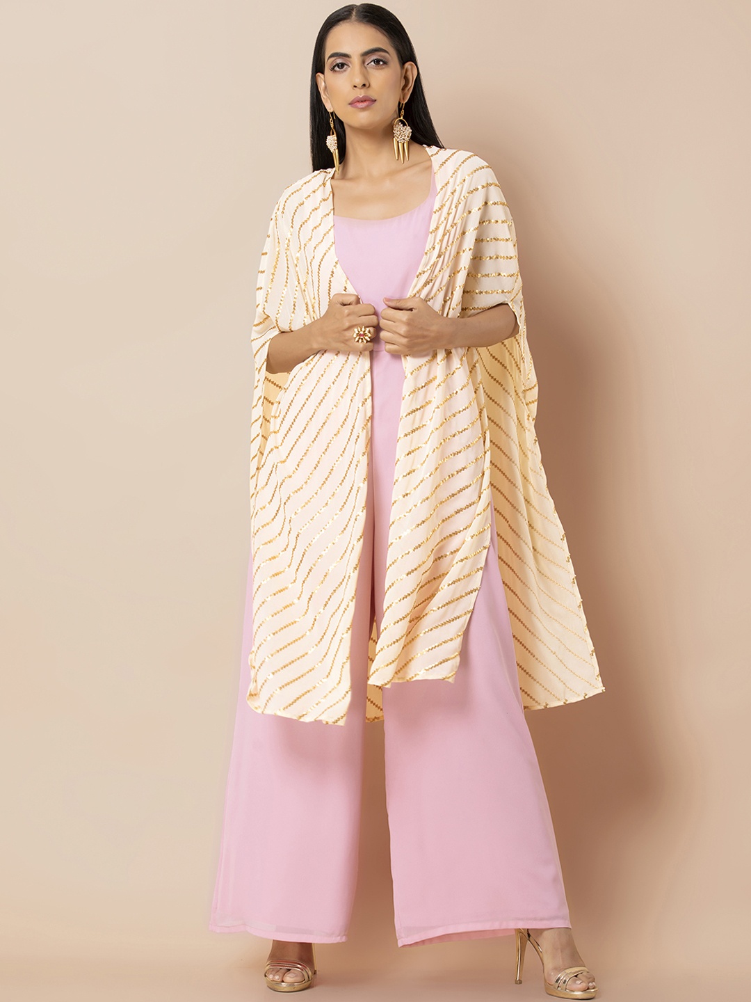 

INDYA Women Pink Self Design Basic Jumpsuit With Shrug