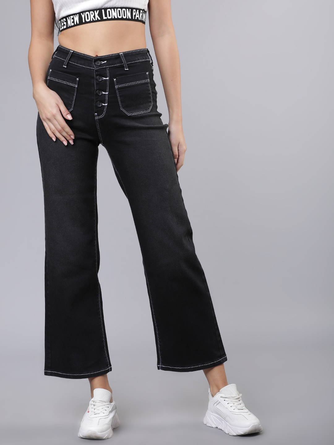 Tokyo Talkies Women Black Slim Fit Mid-Rise Clean Look Stretchable Wide Leg Jeans