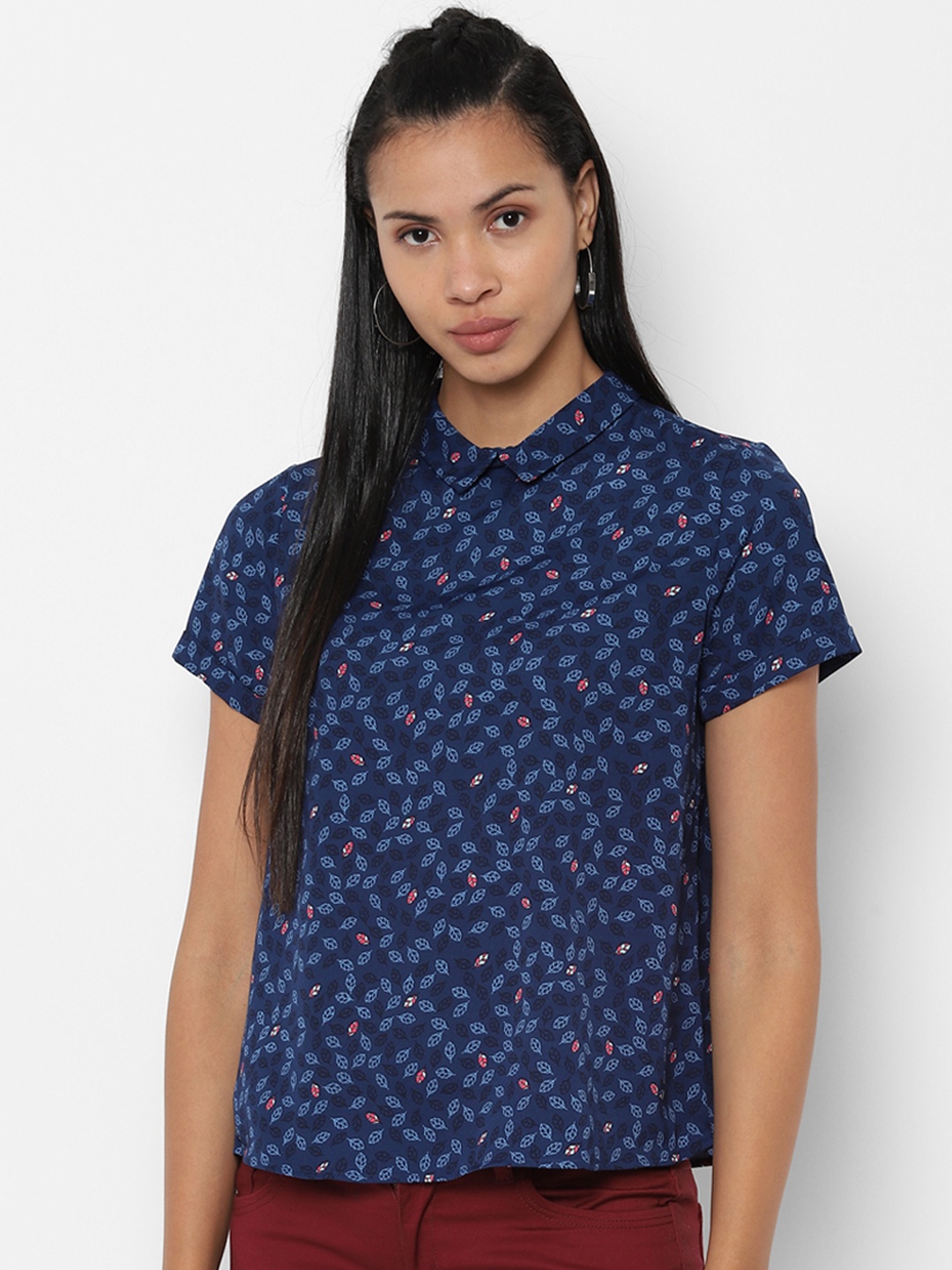 

Allen Solly Woman Women Navy Blue Printed Shirt Style Top