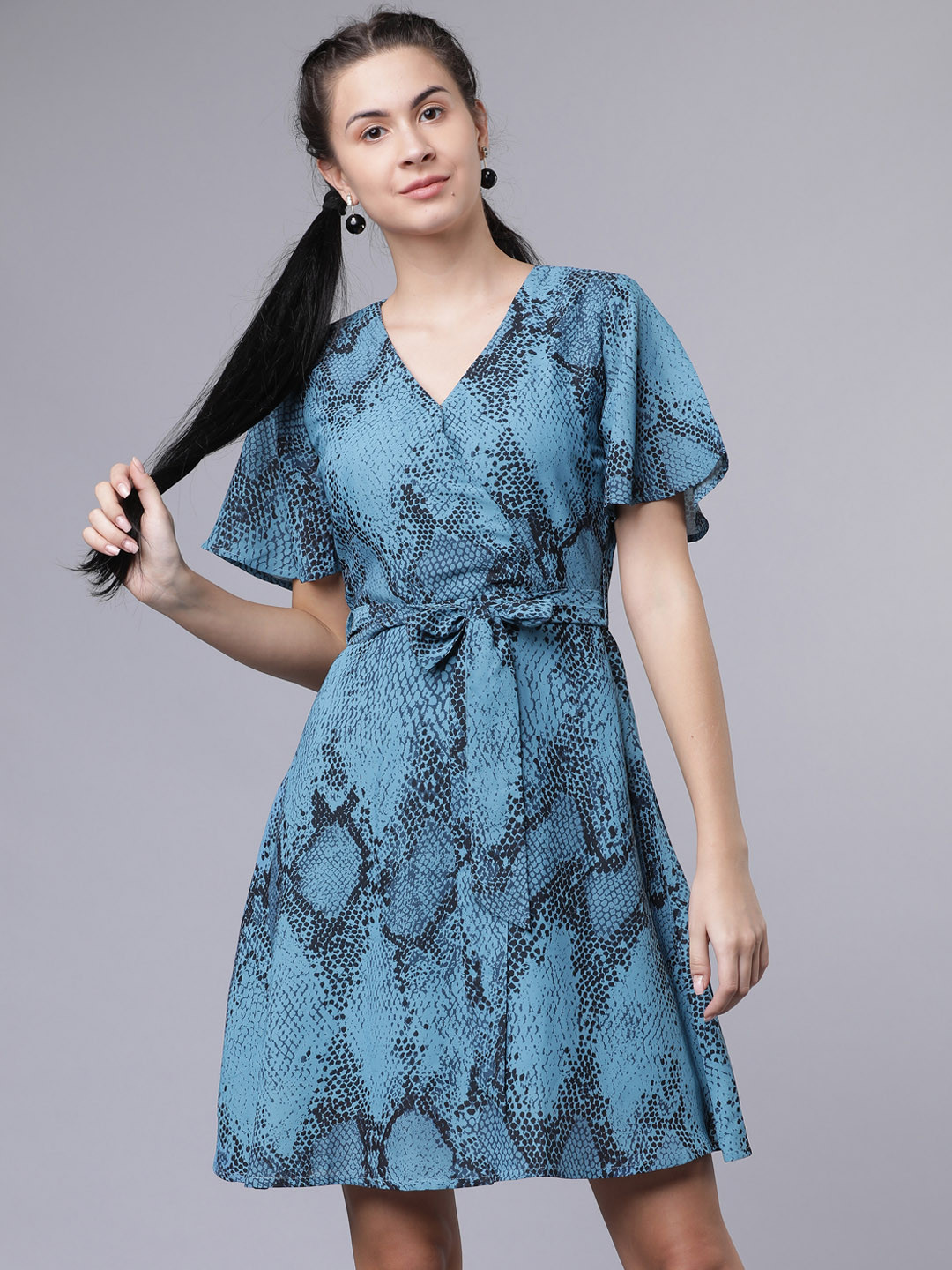 

Tokyo Talkies Women Blue Snakeskin Printed Wrap Dress