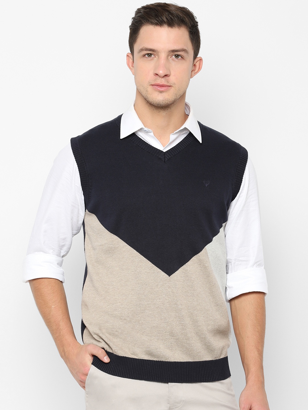 

Allen Solly Men Navy Blue Colourblocked Sweater Vest Sweater