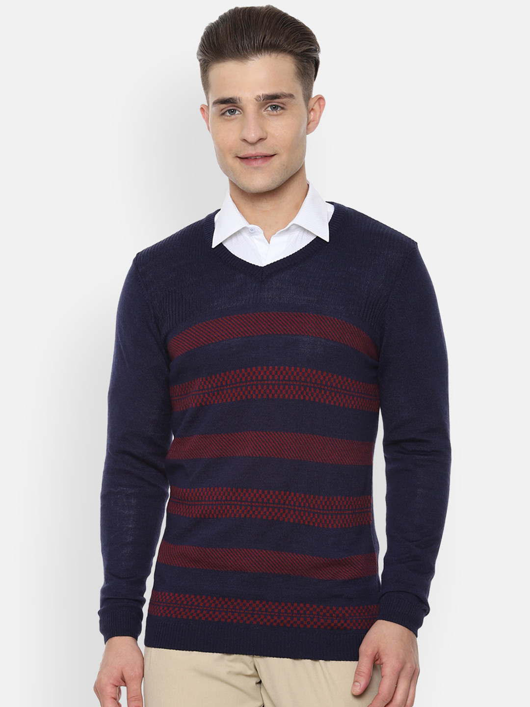 

Van Heusen Men Navy Blue Striped Pullover Sweater