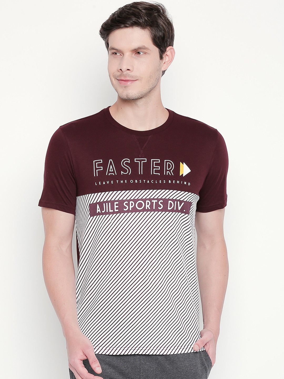 

Ajile by Pantaloons Men Burgundy White Pure Cotton Striped Round Neck Pure Cotton T-shirt