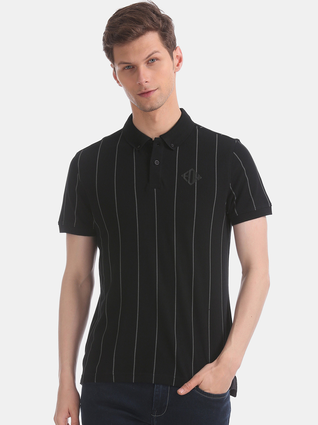 

Ed Hardy Men Black Striped Polo Collar Pure Cotton T-shirt