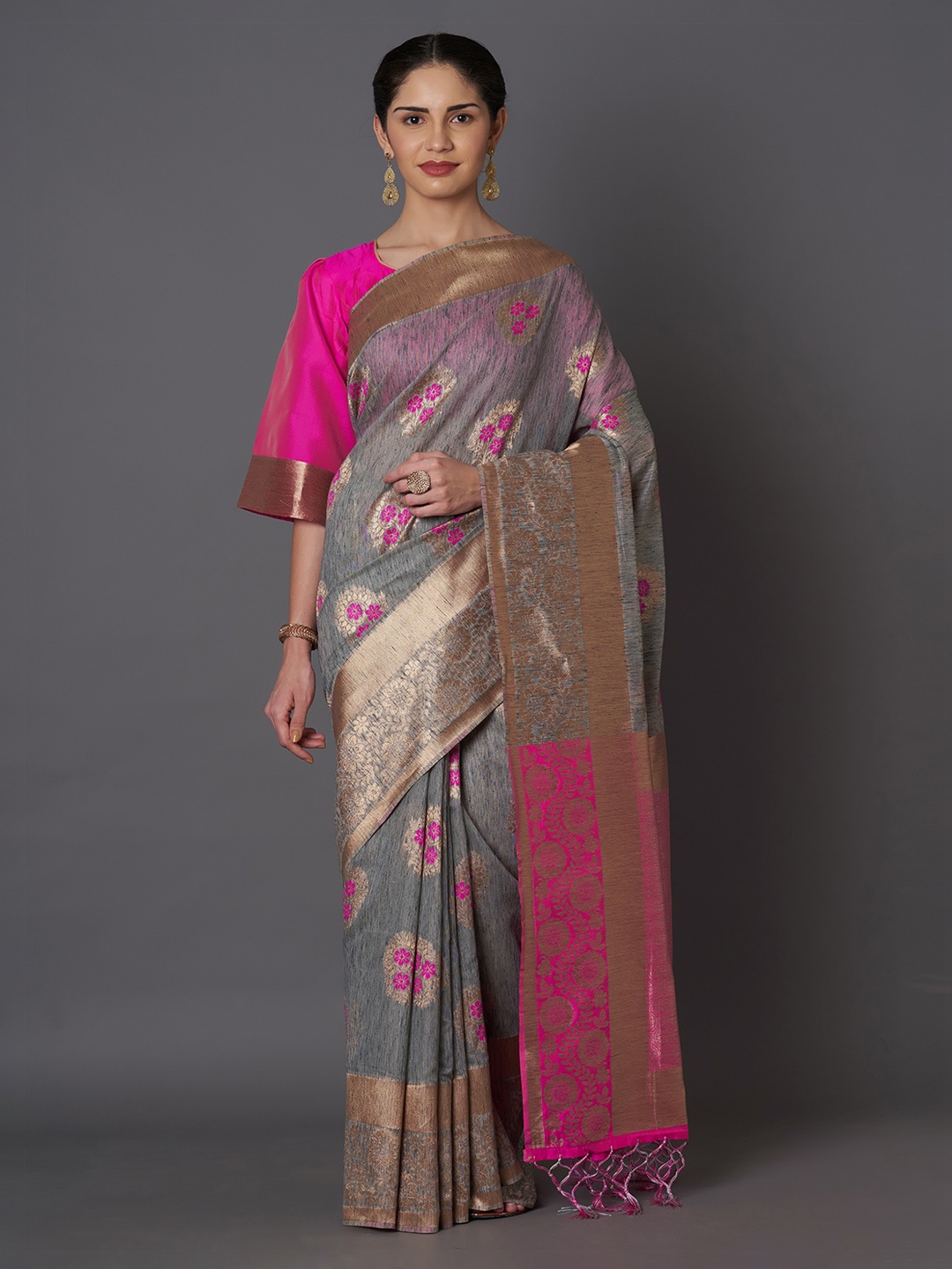 Mitera Grey & Pink Silk Blend Woven Design Kanjeevaram Saree