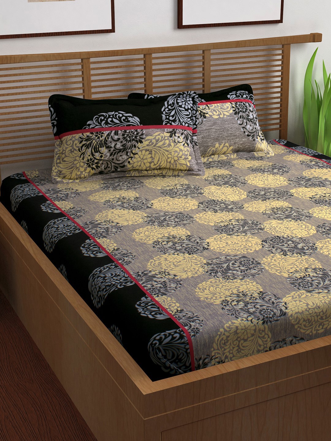 

Story@home Unisex Grey & Beige 144 TC Cotton 1 Queen Bedsheet with 2 Pillow Covers