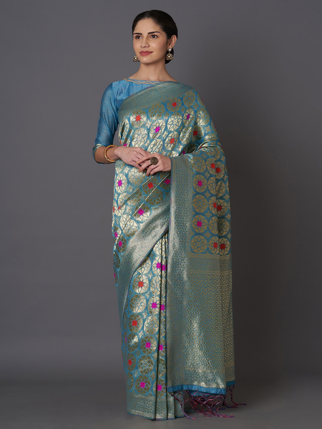

Mitera Turquoise Blue & Gold-Toned Silk Blend Woven Design Kanjeevaram Saree