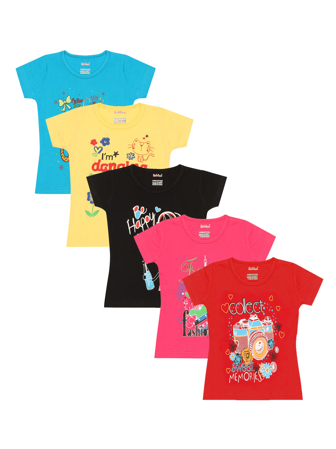 

Kiddeo Girls Pack Of 5 Printed Cotton Pure Cotton T-shirt, Black