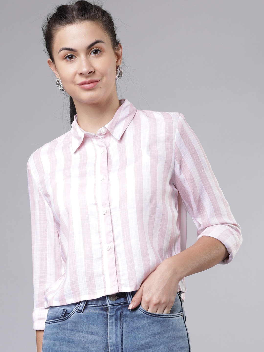 

Tokyo Talkies Women Pink & Off-White Striped Regular Fit Casual Shirt