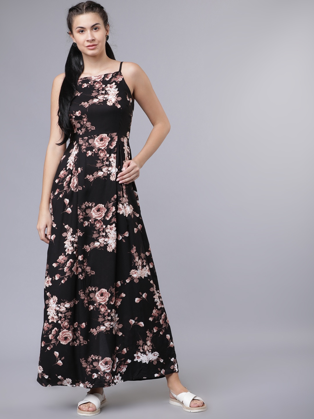 

Tokyo Talkies Women Black & Peach-Coloured Printed Maxi Dress