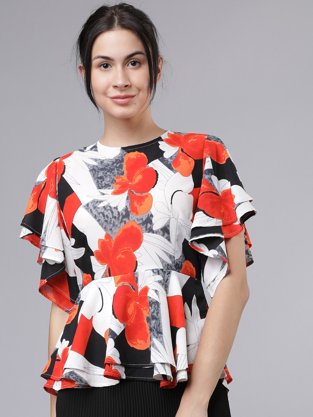 

Tokyo Talkies Women White & Orange Printed Peplum Top