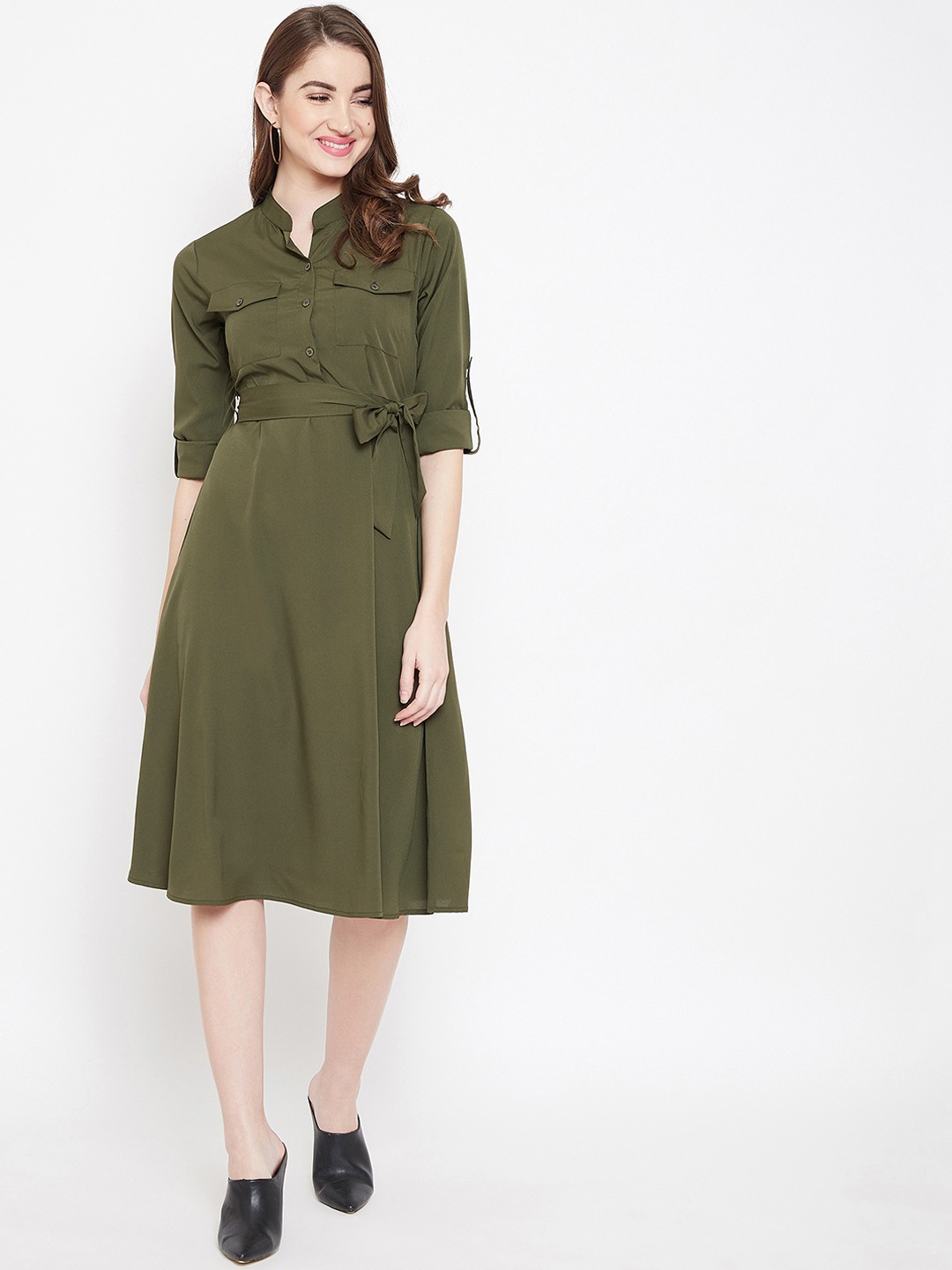 

Berrylush Women Olive Green Solid Shirt Dress