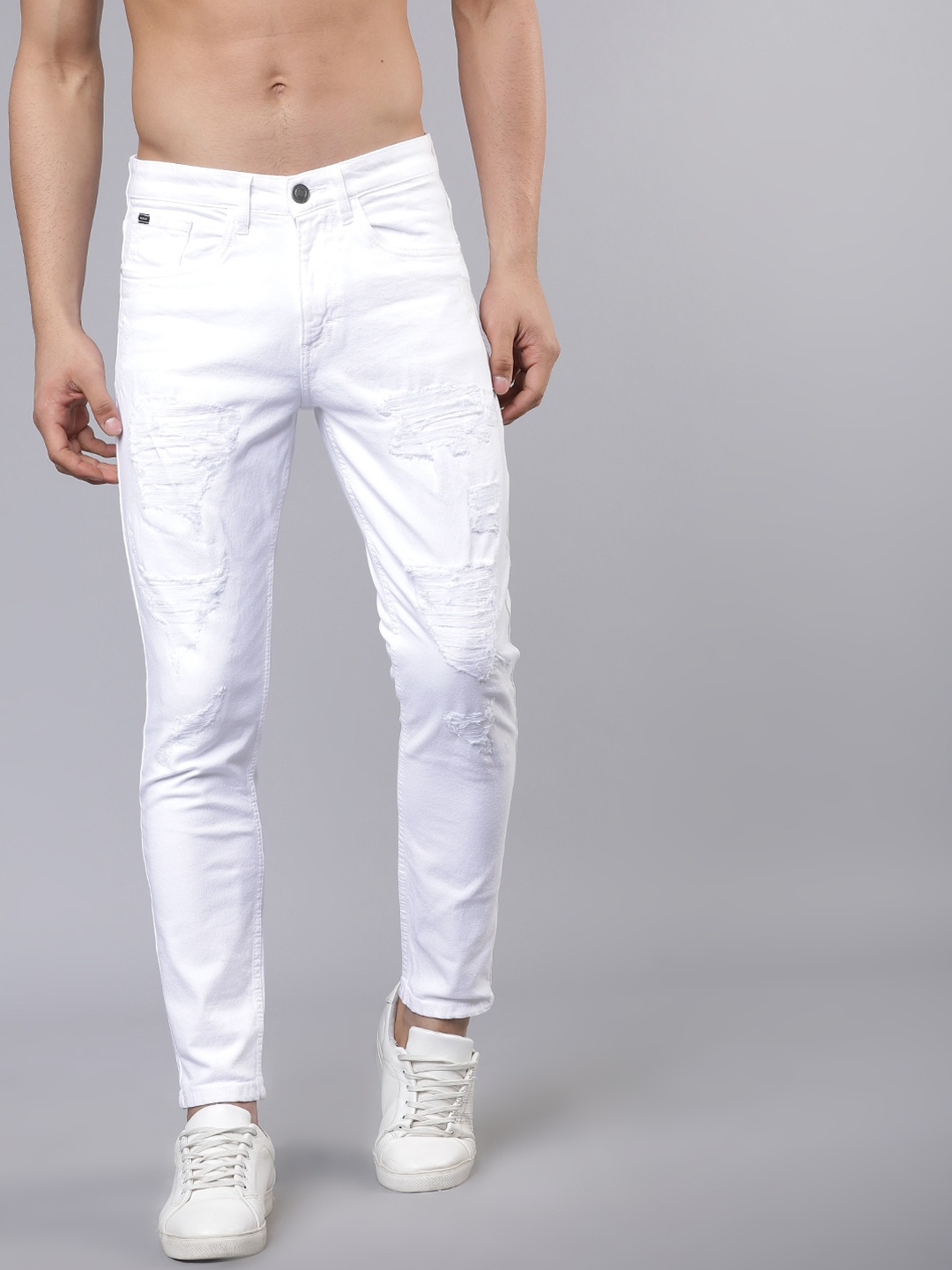 HIGHLANDER Men White Tapered Fit Mid-Rise Clean Look Stretchable Jeans