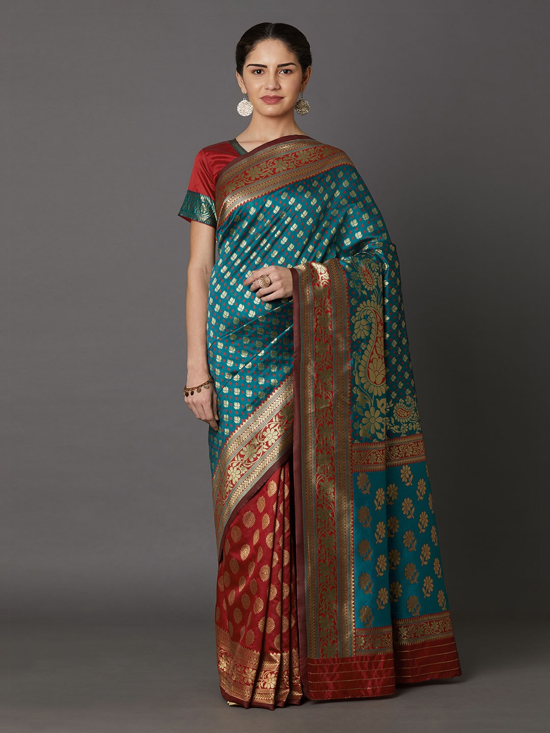 

Mitera Teal Green & Red Silk Blend Woven Design Kanjeevaram Saree