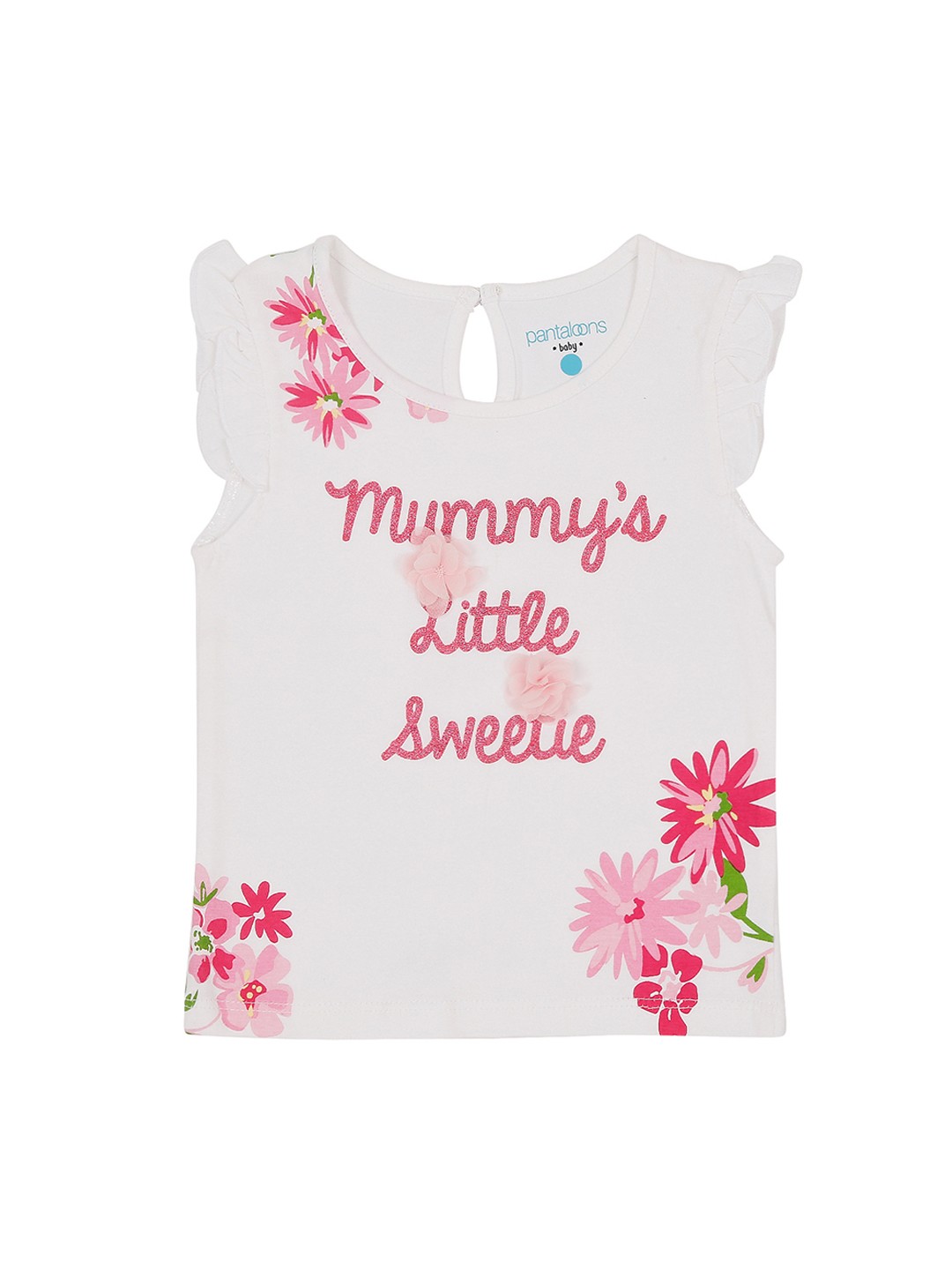 

Pantaloons Baby Girls White Pink Printed Round Neck Pure Cotton T-shirt