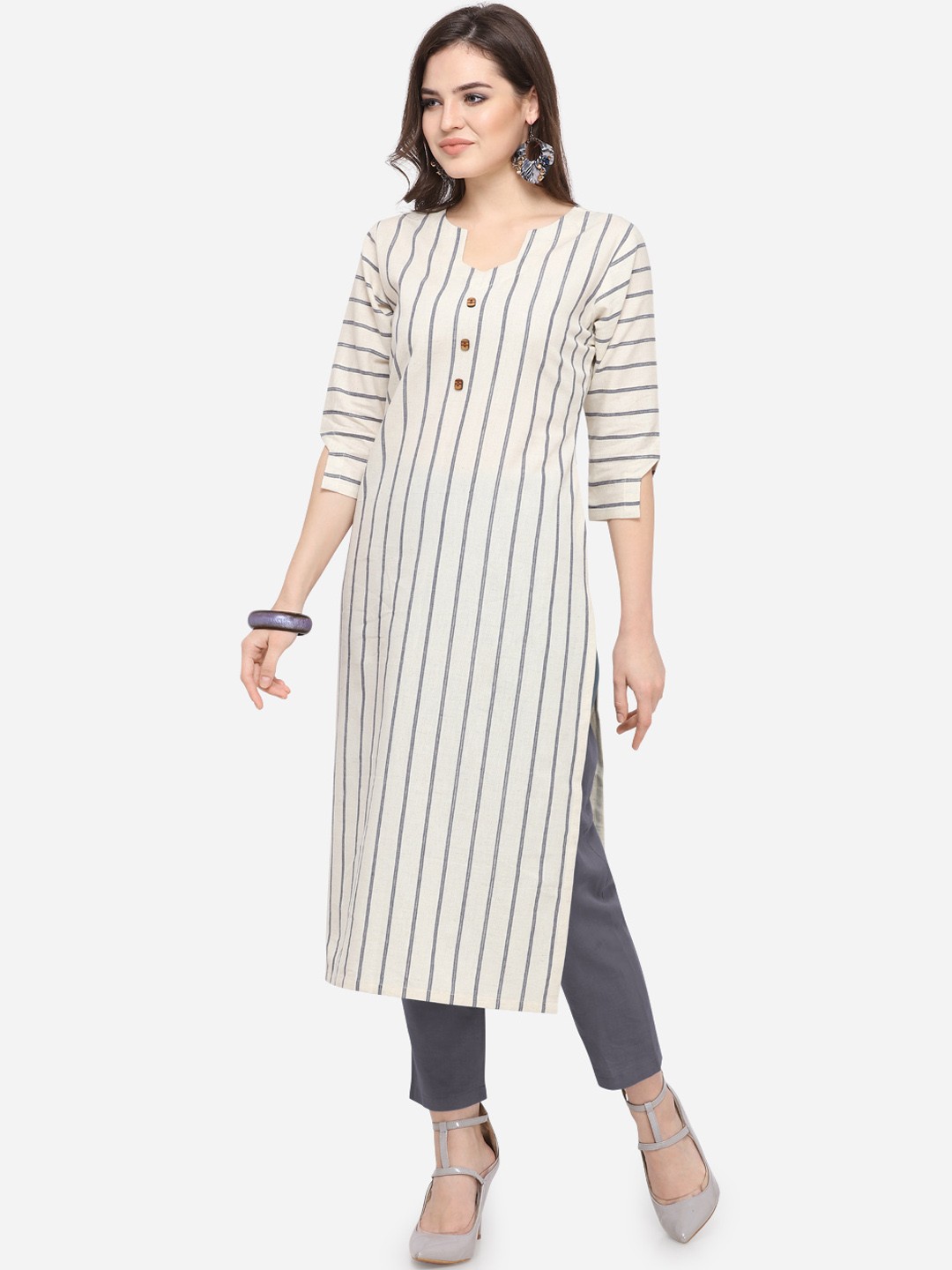 

Kvsfab Women Off-White & Grey Striped Straight Kurta