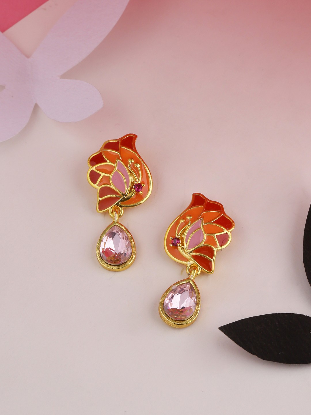 

Voylla Gold-Plated & Red Handcrafted Peacock Shaped Drop Earrings