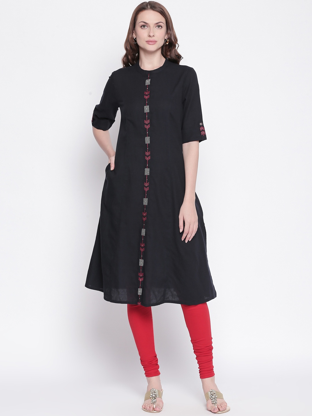 

RANGMANCH BY PANTALOONS Women Black Embroidered A-Line Kurta