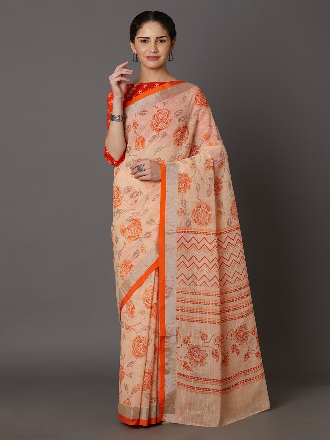 

Mitera Peach-Coloured Linen Blend Printed Khadi Saree