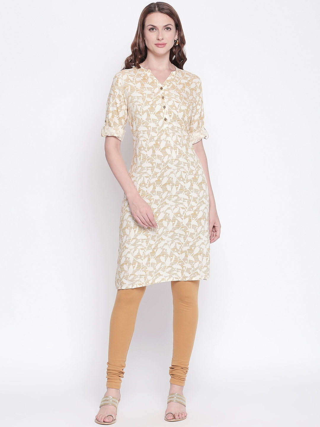 

RANGMANCH BY PANTALOONS Women Yellow & White Printed Straight Kurta