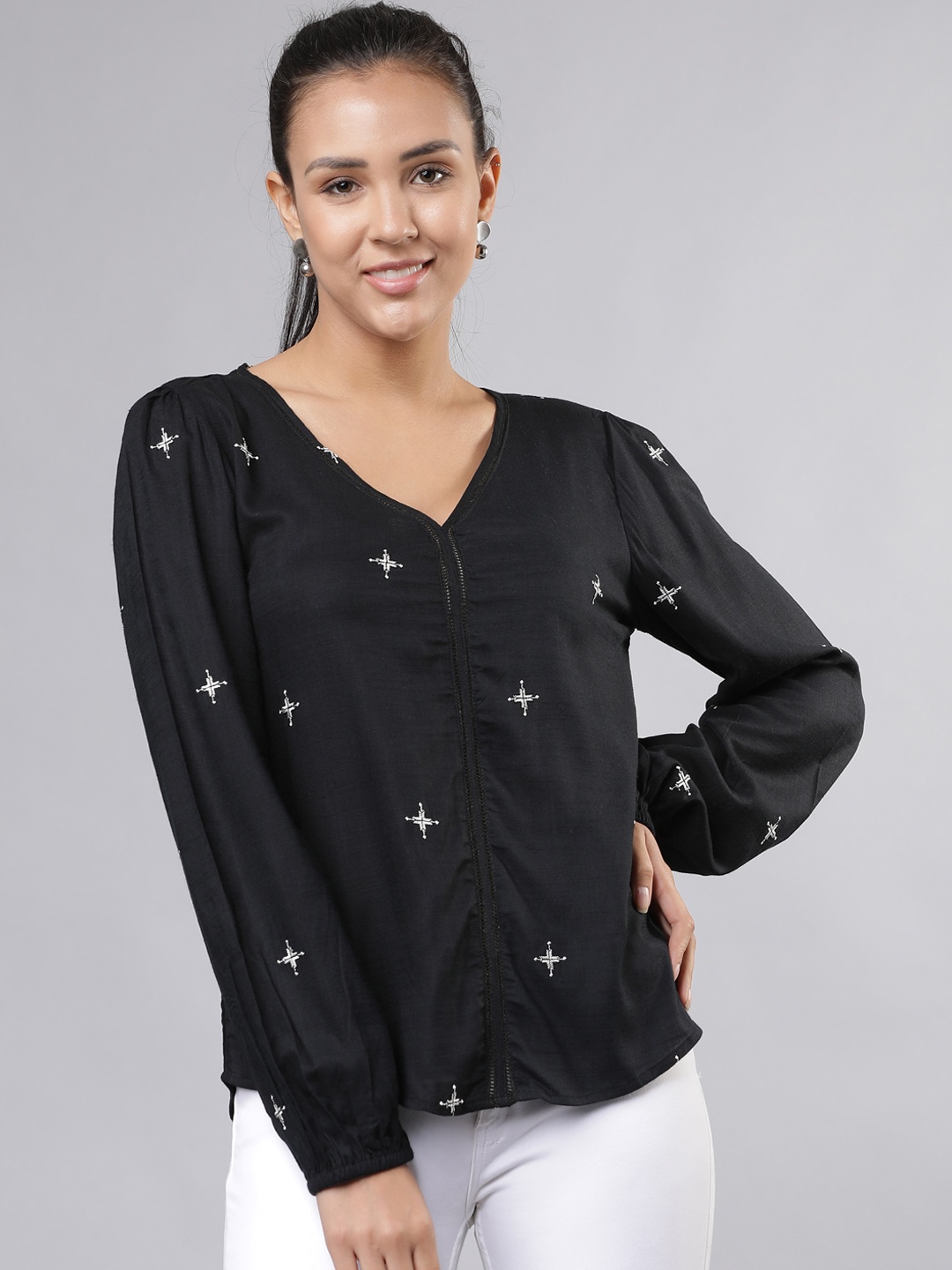 

Tokyo Talkies Women Black Embroidered A-Line Top