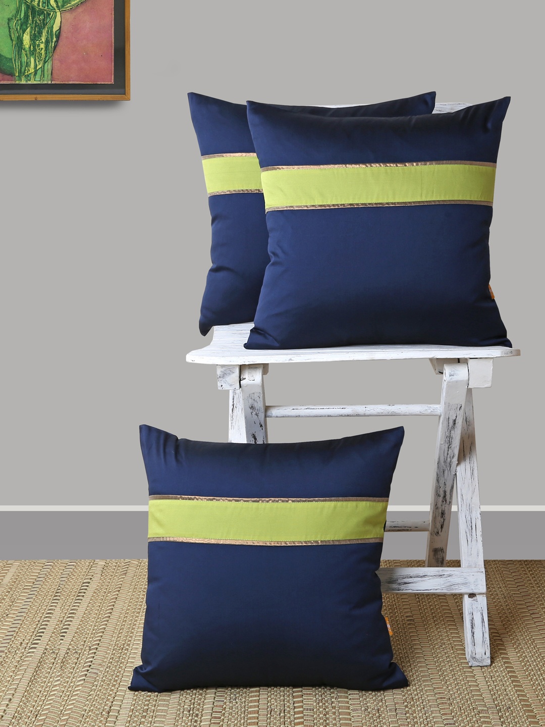 

ANS Navy Blue & Lime Green Set of 3 Striped Square Cushion Covers